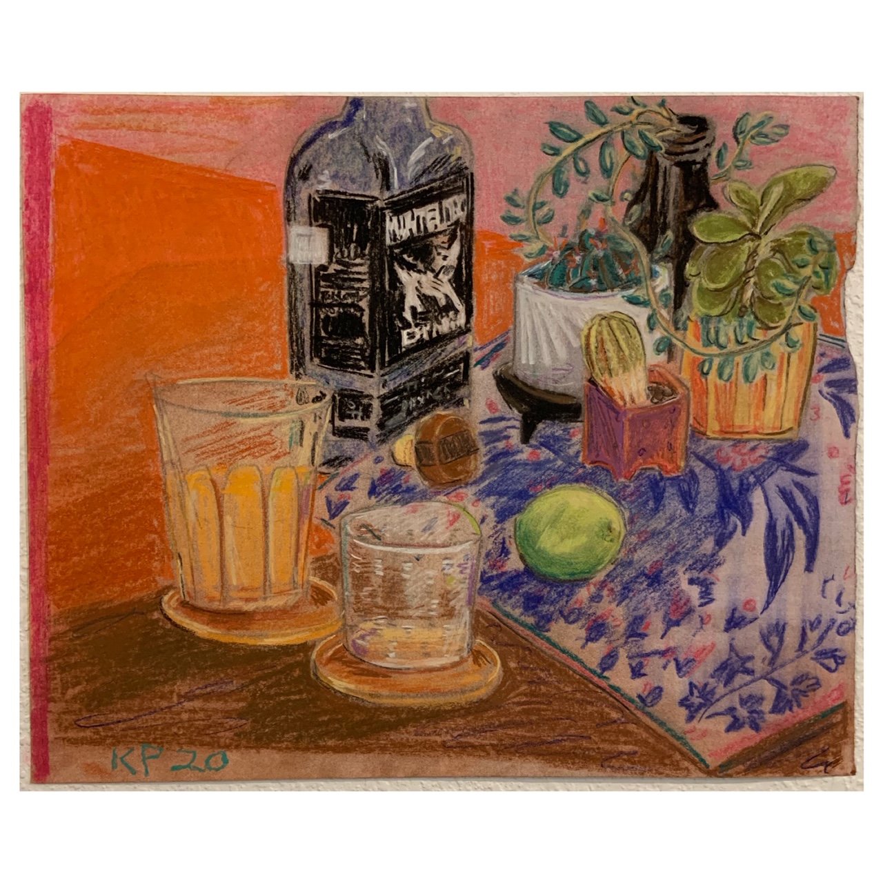 Stil life with suculents and mezcal. Conté crayon and charcoal on paper .30.5 x 36.8cm. 2020. 1100€ 